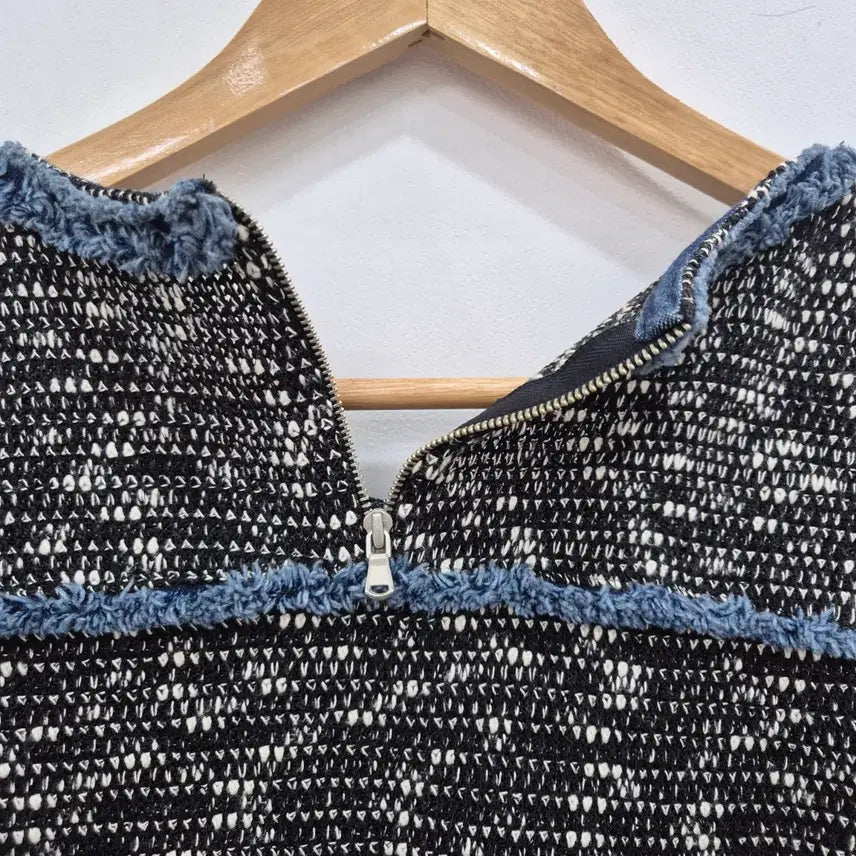 [BUNJANG] Black and White Tweed Denim Trimmed 3/4 Sleeve Top / 블랙/화이트 트위드 데님 트리밍 7부소매