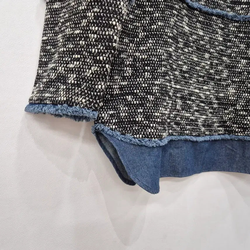 [BUNJANG] Black and White Tweed Denim Trimmed 3/4 Sleeve Top / 블랙/화이트 트위드 데님 트리밍 7부소매