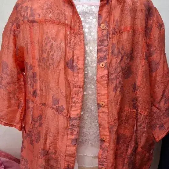 [BUNJANG] Orange Flower Pattern Short Sleeve Shirt / 오렌지 플라워 패턴 반팔 셔츠