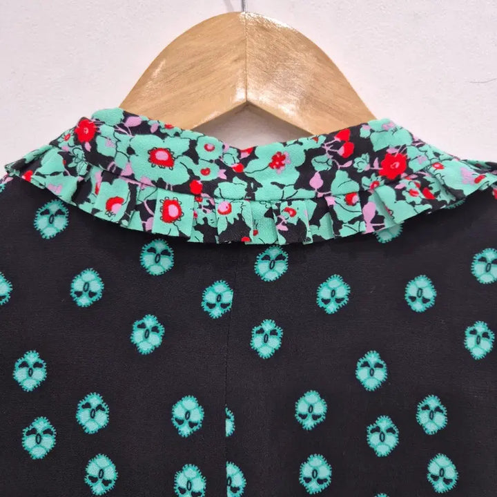 [BUNJANG] Maje Black Pattern Collar Midi Dress / 마쥬 블랙 패턴 카라 반팔 원피스