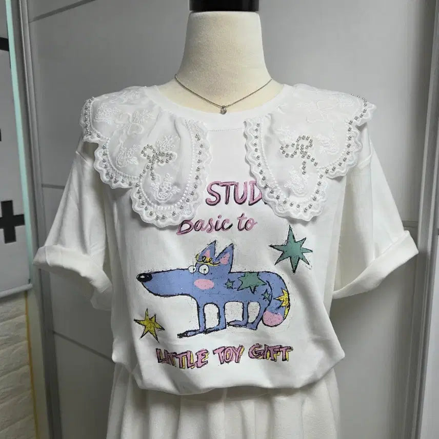[BUNJANG] Pearl Lace Collar T-Shirt / (새제품)진주레이스카라 티셔츠