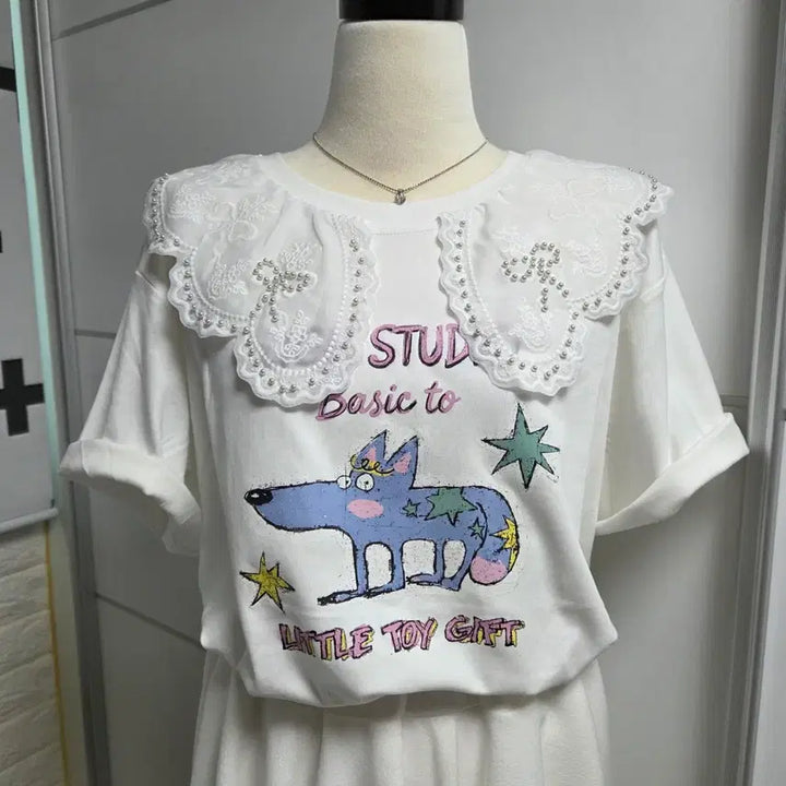 [BUNJANG] Pearl Lace Collar T-Shirt / (새제품)진주레이스카라 티셔츠