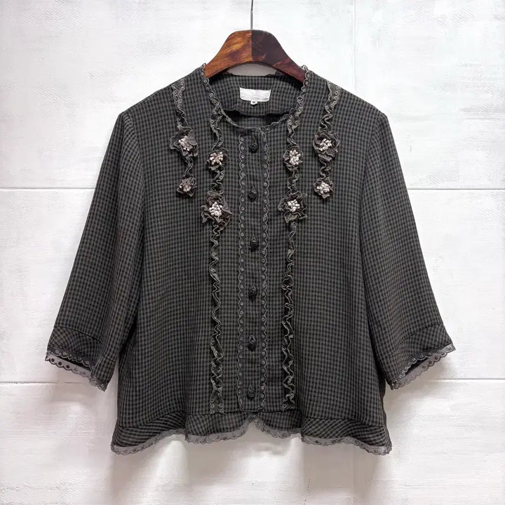 [BUNJANG] Mori Girl See-through Lace Flower Checkered Blouse / 시스루 레이스 플라워 하구미 모리걸 체크 블라우스 M  JPN