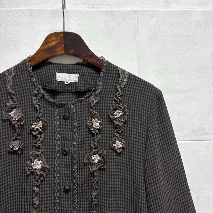 [BUNJANG] Mori Girl See-through Lace Flower Checkered Blouse / 시스루 레이스 플라워 하구미 모리걸 체크 블라우스 M  JPN