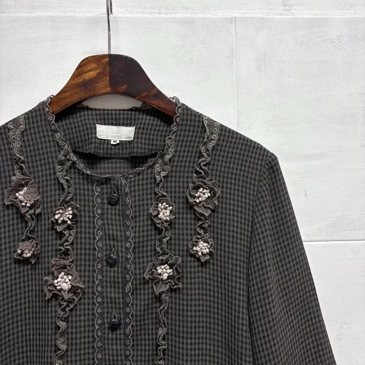 [BUNJANG] Mori Girl See-through Lace Flower Checkered Blouse / 시스루 레이스 플라워 하구미 모리걸 체크 블라우스 M  JPN