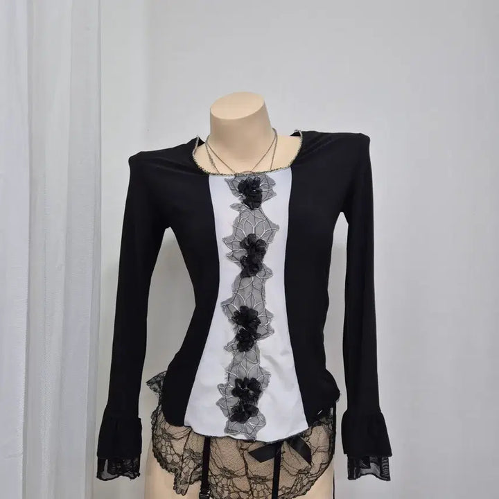 [SOLD OUT] 일본빈티지 블랙 레이스 장식 긴팔 블라우스