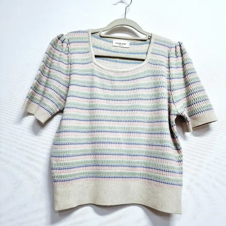 [BUNJANG] SEWING MADE Pastel Striped Square Neck Knit Top / 빈티지 SEWING MADE 스트라이프 반팔 니트