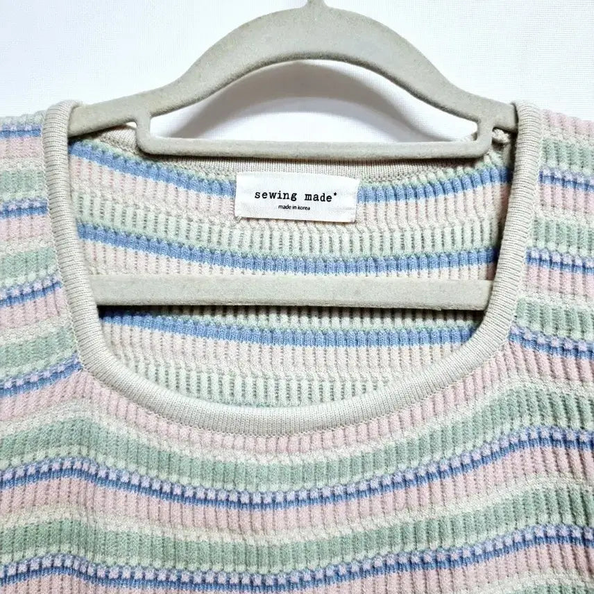 [BUNJANG] SEWING MADE Pastel Striped Square Neck Knit Top / 빈티지 SEWING MADE 스트라이프 반팔 니트
