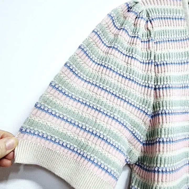 [BUNJANG] SEWING MADE Pastel Striped Square Neck Knit Top / 빈티지 SEWING MADE 스트라이프 반팔 니트