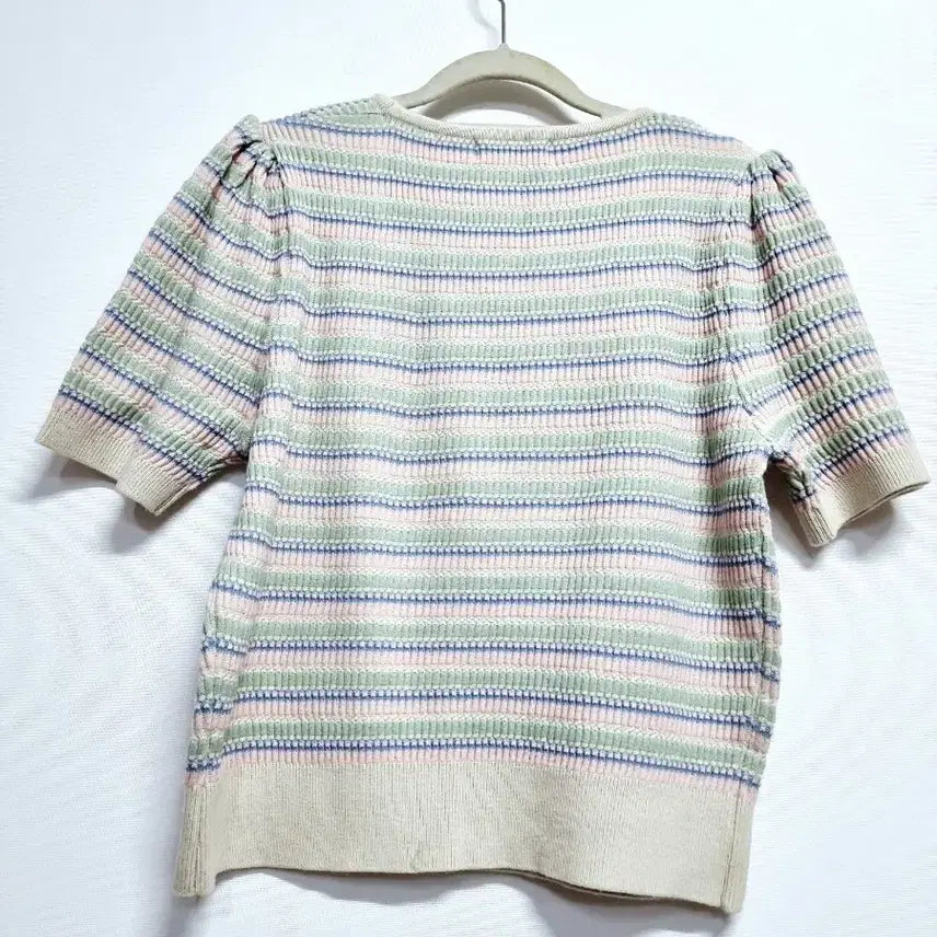 [BUNJANG] SEWING MADE Pastel Striped Square Neck Knit Top / 빈티지 SEWING MADE 스트라이프 반팔 니트