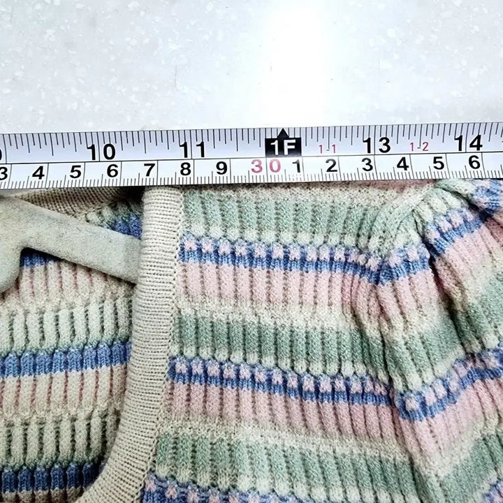 [BUNJANG] SEWING MADE Pastel Striped Square Neck Knit Top / 빈티지 SEWING MADE 스트라이프 반팔 니트