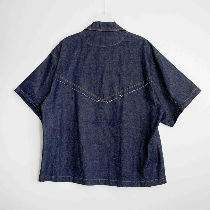 [BUNJANG] Haleine Indigo V-Cut Off Half Sleeve Shirt Jacket / C1 알렌느 인디고 브이컷오프 하프슬리브 셔츠 자켓 2사이즈