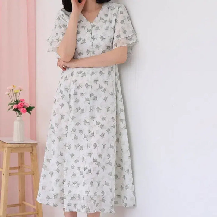 [BUNJANG] Seersucker Flower V-neck Short Sleeve Dress / 새상품) 시어서커 플라워 반팔 원피스