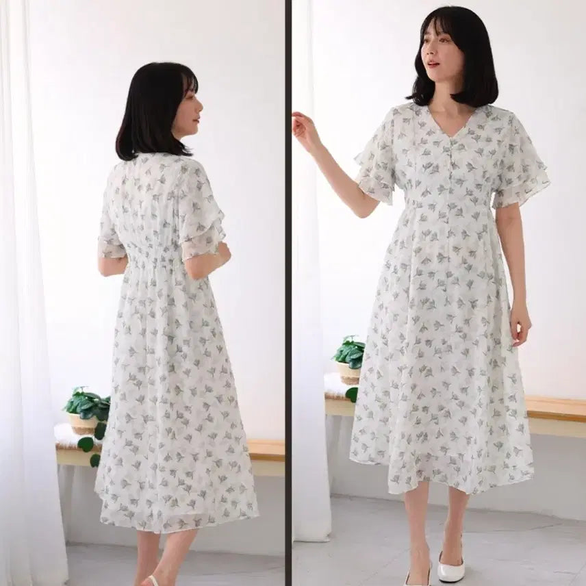 [BUNJANG] Seersucker Flower V-neck Short Sleeve Dress / 새상품) 시어서커 플라워 반팔 원피스