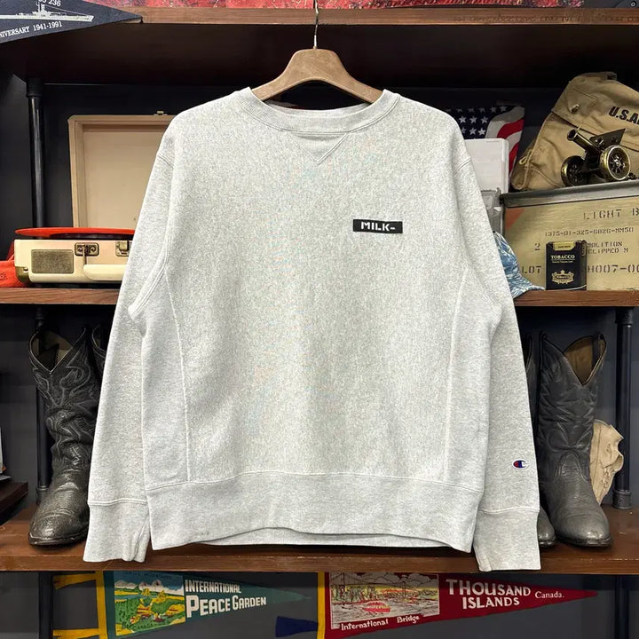 [BUNJANG] Champion x Milkfed Reverse Weave Logo Patch Sweatshirt / 챔피온X밀크페드 리버스위브 로고패치 헤비코튼 스웻셔츠 N1236
