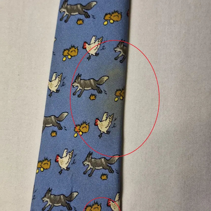 [BUNJANG] Hermes Sky Blue Fox and Chicken Pattern Silk Tie / 에르메스 스카이블루 여우 닭패턴 실크 넥타이
