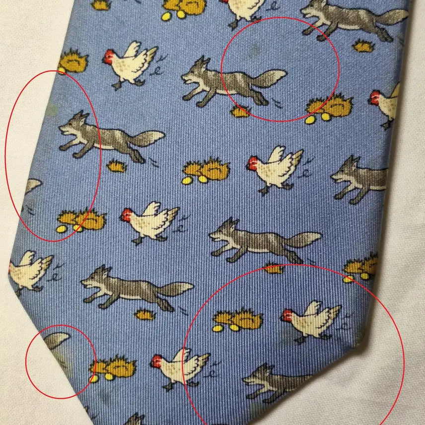 [BUNJANG] Hermes Sky Blue Fox and Chicken Pattern Silk Tie / 에르메스 스카이블루 여우 닭패턴 실크 넥타이