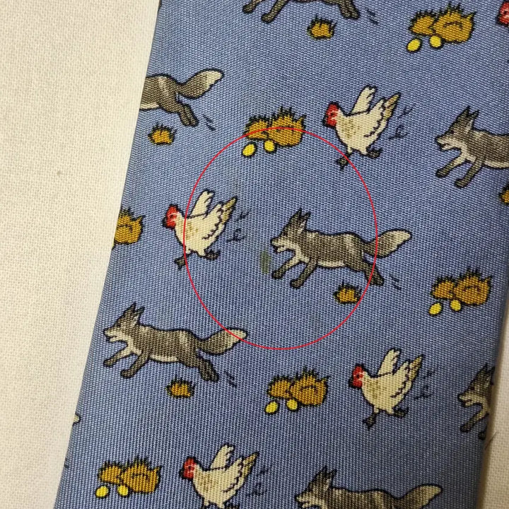 [BUNJANG] Hermes Sky Blue Fox and Chicken Pattern Silk Tie / 에르메스 스카이블루 여우 닭패턴 실크 넥타이