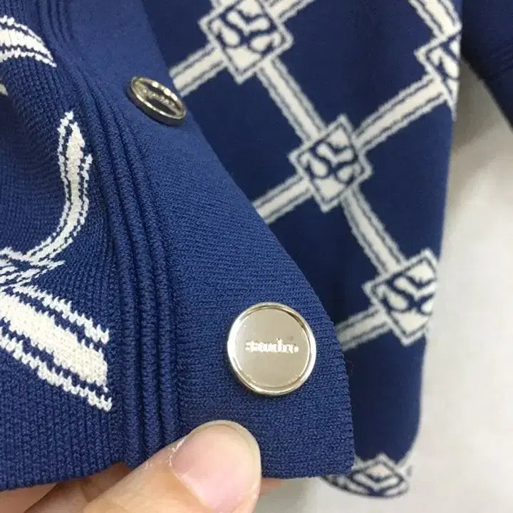 [SOLD OUT] (미사용)산드로 정품 네이비 패턴 크롭 반팔 가디건 스커트 셋업 투피