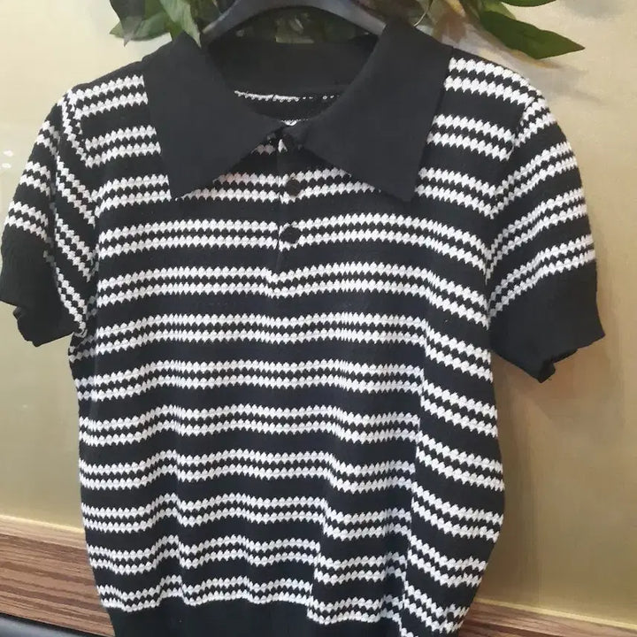 [BUNJANG] Black and White Stripe Collar Knit Short Sleeve Top / 블랙 화이트 스트라이프 카라 니트 반팔