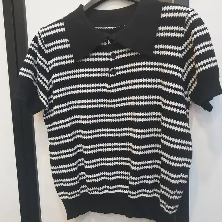 [BUNJANG] Black and White Stripe Collar Knit Short Sleeve Top / 블랙 화이트 스트라이프 카라 니트 반팔