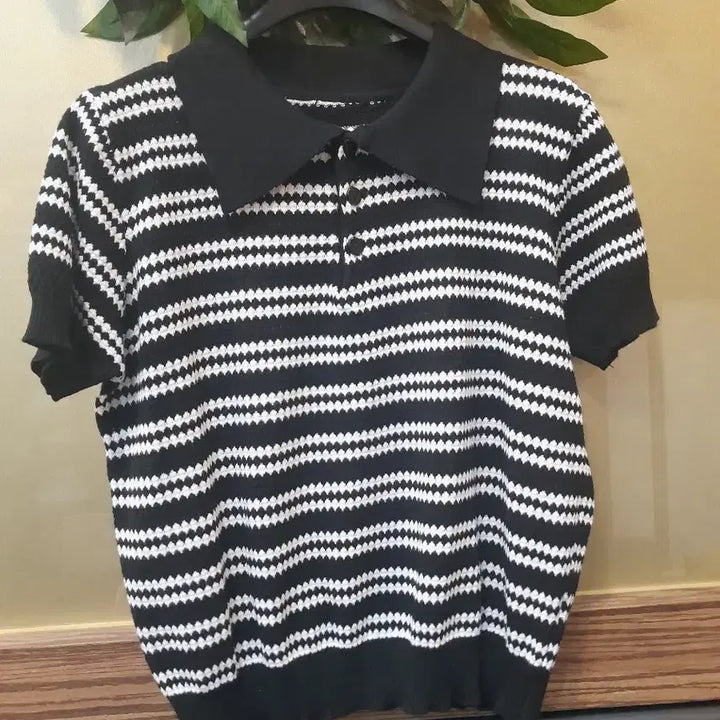 [BUNJANG] Black and White Stripe Collar Knit Short Sleeve Top / 블랙 화이트 스트라이프 카라 니트 반팔