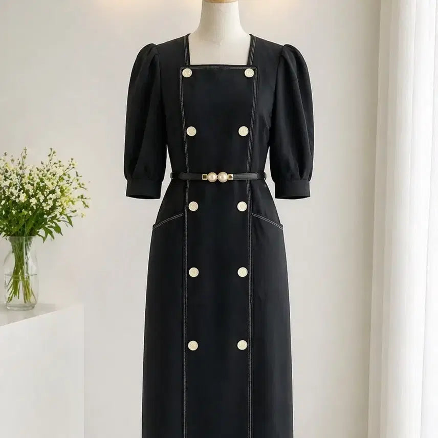 [SOLD OUT] 정품 모조에스핀(MOJO.S.PHINE) 더블버튼 퍼프 롱원피스 하객룩