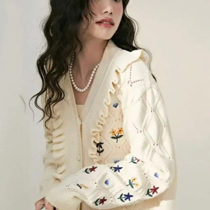 [BUNJANG] KUOSE Flower Embroidered Frill Cardigan Set L / 미착용) KUOSE 플라워 자수 프릴 가디건 세트 L