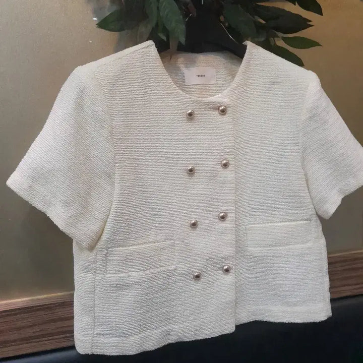 [BUNJANG] TREEGAN Ivory Yellow Tweed Short Sleeve Jacket / TREEGAN 은은한 노란트위드 반팔 자켓