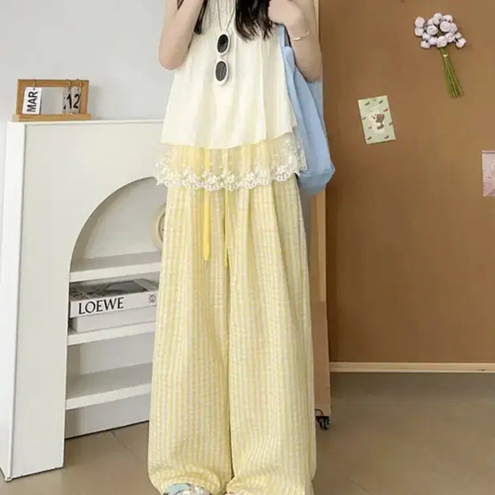 [BUNJANG] Summer Checkered Wide Leg Pants / 여자 여름 체크와이드 바지 여성바지 와이드팬츠 여름 트레이닝 바지