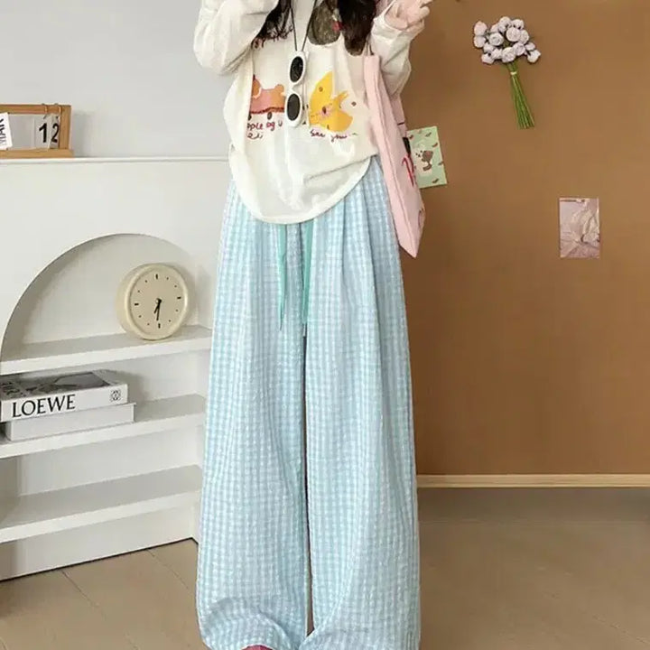 [BUNJANG] Summer Checkered Wide Leg Pants / 여자 여름 체크와이드 바지 여성바지 와이드팬츠 여름 트레이닝 바지