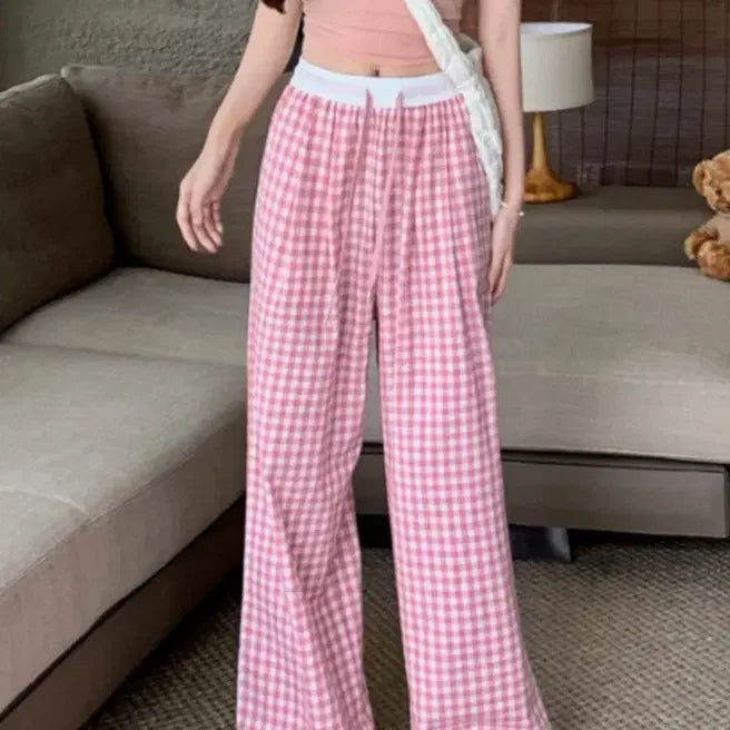 [BUNJANG] Summer Checkered Wide Leg Pants / 여자 여름 체크와이드 바지 여성바지 와이드팬츠 여름 트레이닝 바지