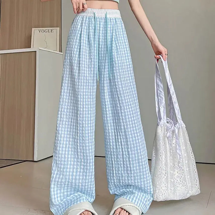 [BUNJANG] Summer Checkered Wide Leg Pants / 여자 여름 체크와이드 바지 여성바지 와이드팬츠 여름 트레이닝 바지