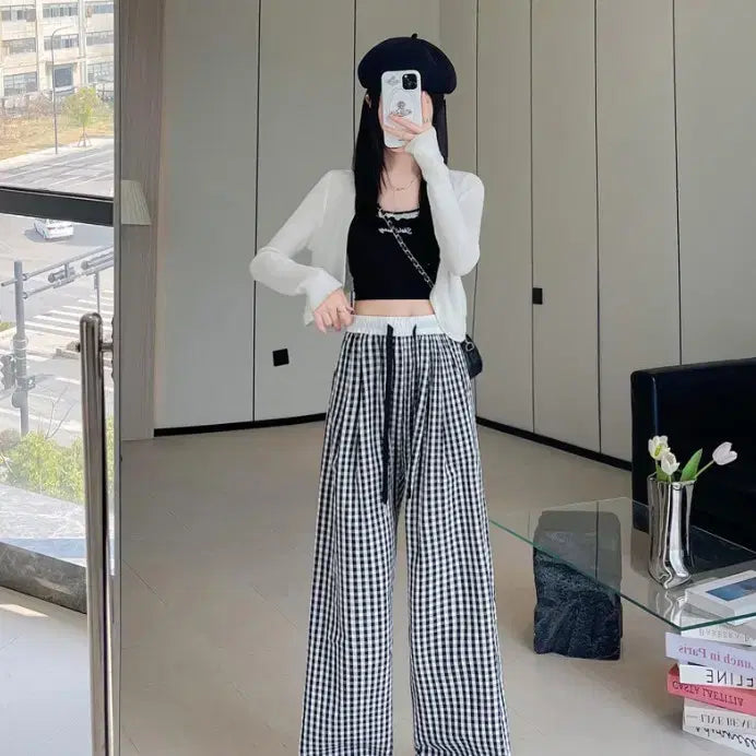 [BUNJANG] Summer Checkered Wide Leg Pants / 여자 여름 체크와이드 바지 여성바지 와이드팬츠 여름 트레이닝 바지