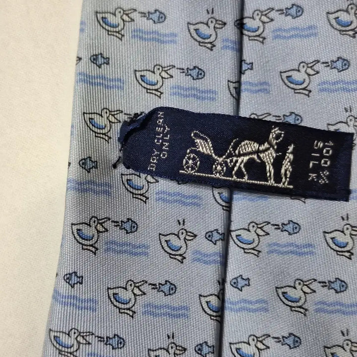 [BUNJANG] Hermes Light Blue Bird Fish Pattern Silk Tie / 에르메스 라이트블루 버드 피쉬패턴 실크 넥타이