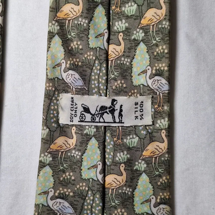 [BUNJANG] Hermès Forest Pattern Silk Tie / 에르메스 카키 버드 포레스트패턴 실크 넥타이