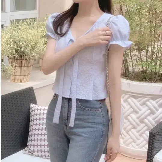 [BUNJANG] Attrangs Sky Blue Blouse / 아뜨랑스 스카이블루 블라우스