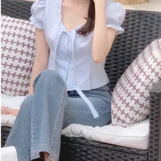 [BUNJANG] Attrangs Sky Blue Blouse / 아뜨랑스 스카이블루 블라우스