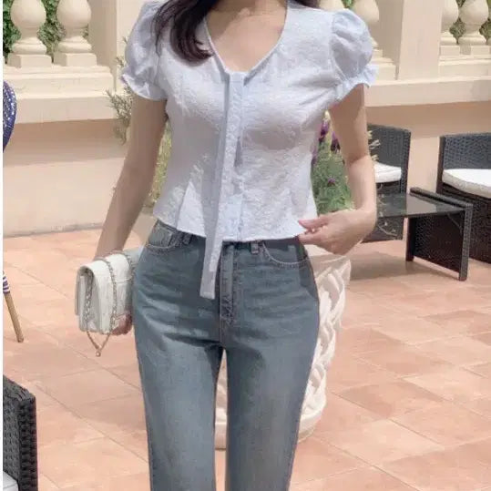 [BUNJANG] Attrangs Sky Blue Blouse / 아뜨랑스 스카이블루 블라우스