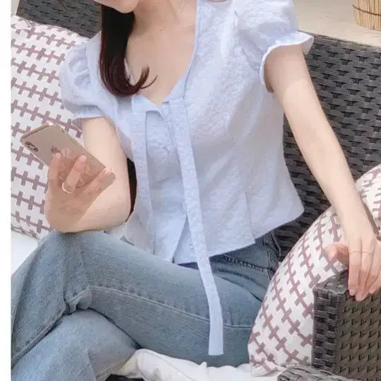 [BUNJANG] Attrangs Sky Blue Blouse / 아뜨랑스 스카이블루 블라우스
