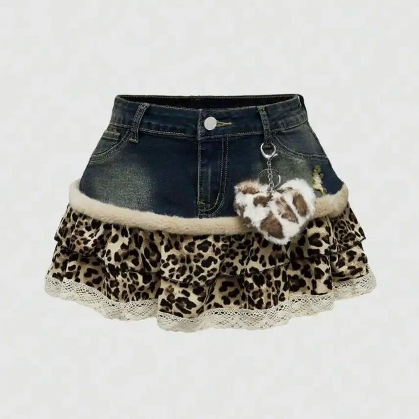 [BUNJANG] Denim Leopard Mini Skirt with Keyring / 데님 호피 미니스커트 (키링 포함)