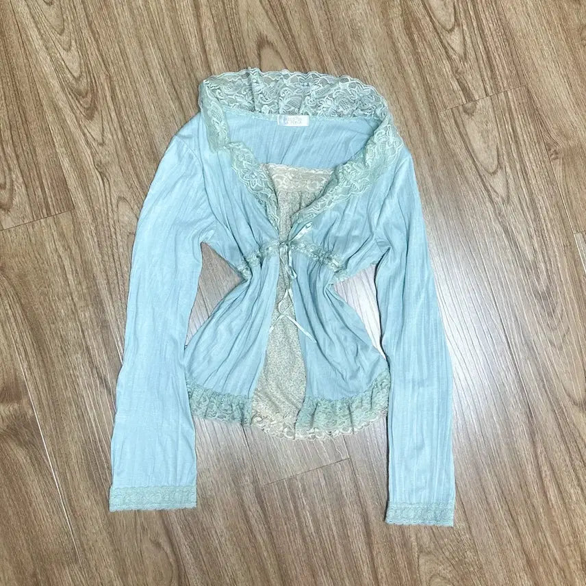 [BUNJANG] Vintage Mint Lace Floral Cardigan and Tank Top Set / 빈티지 민트 레이스 플라워 나시 가디건 히메갸루 모리걸 아오이유우 하구미