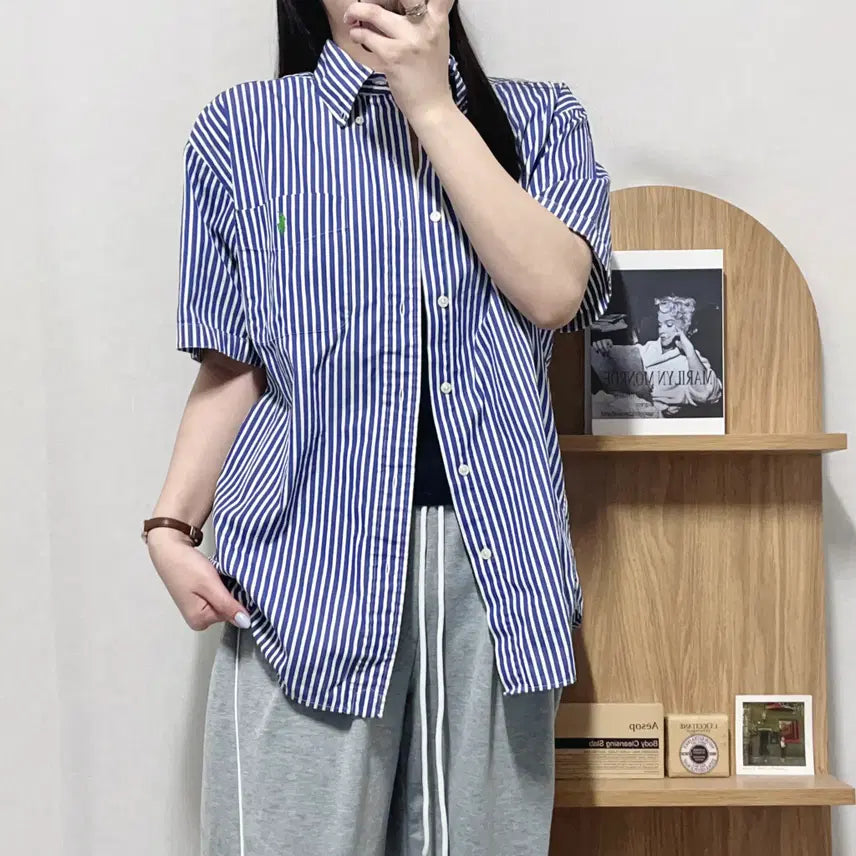 [BUNJANG] [정품] 폴로 네이비 / 그린포니 스트라이프 반팔셔츠 [ M ] / [정품] 폴로 네이비 / 그린포니 스트라이프 반팔셔츠 [ M ]