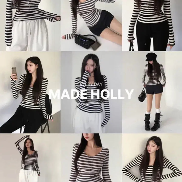 [BUNJANG] Holi Striped Slim Fit Long Sleeve T-shirt / 블랙) 홀리 단가라 유넥 긴팔티셔츠 슬림티 여리핏 이너티 에이블리