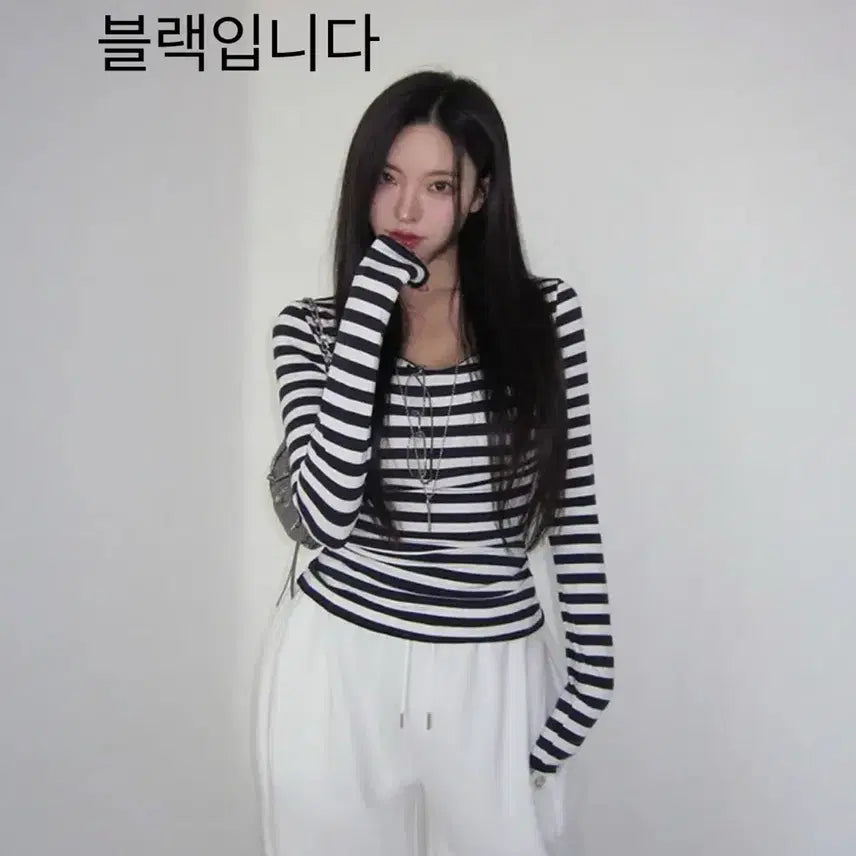 [BUNJANG] Holi Striped Slim Fit Long Sleeve T-shirt / 블랙) 홀리 단가라 유넥 긴팔티셔츠 슬림티 여리핏 이너티 에이블리