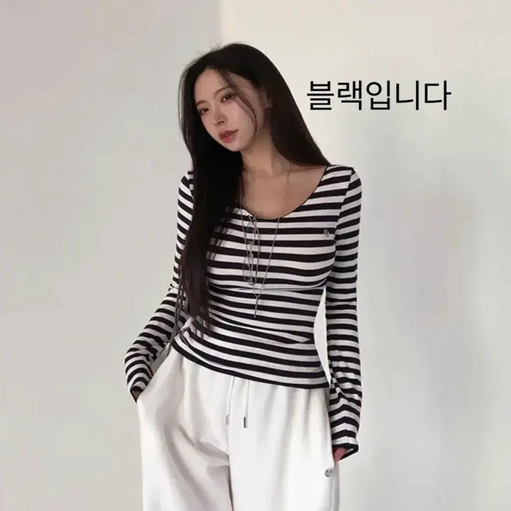 [BUNJANG] Holi Striped Slim Fit Long Sleeve T-shirt / 블랙) 홀리 단가라 유넥 긴팔티셔츠 슬림티 여리핏 이너티 에이블리