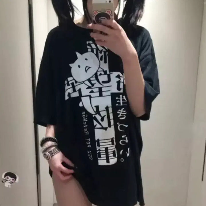 [BUNJANG] Vintage Y2K Gothic Cross Cat Oversized T-Shirt / 오버핏 반팔 티셔츠 일본빈티지 y2k 지뢰계 서브컬쳐 고스펑크 핀터깔