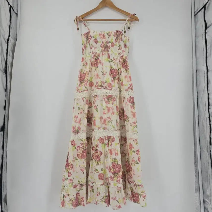 [BUNJANG] Flower Cotton Long Dress Camisole Lace / 플라워 코튼 롱 원피스 캉캉 레이스 끈나시 [F50761]