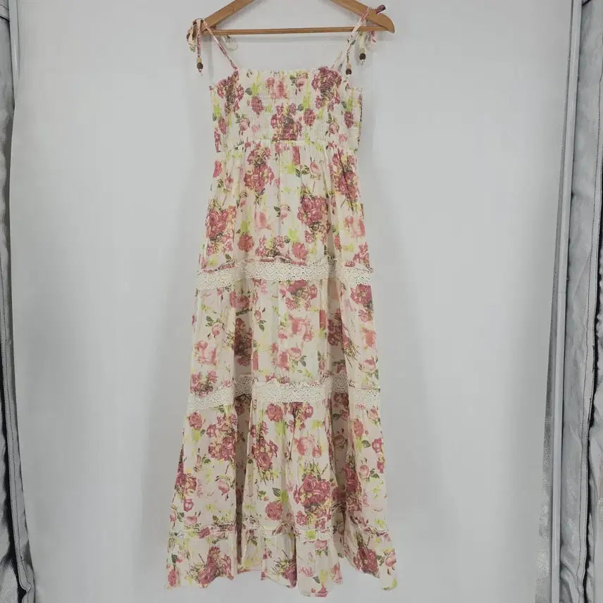 [BUNJANG] Flower Cotton Long Dress Camisole Lace / 플라워 코튼 롱 원피스 캉캉 레이스 끈나시 [F50761]