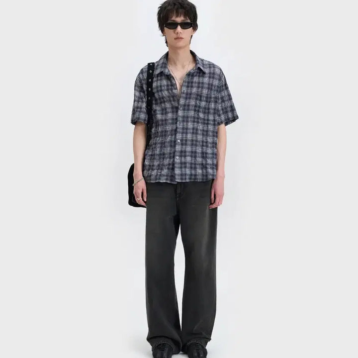 [SOLD OUT] (새상품) 벨리에 치코 숏 슬리브 셔츠 - 블루 윈도우 패인 4사이즈